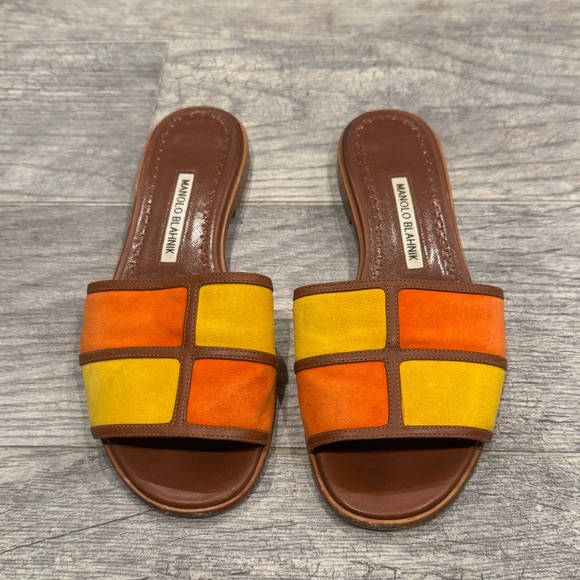 Manolo Blahnik Megacle Orange and Yellow Colorblock Leather Flat Sandals - Picture 3 of 9